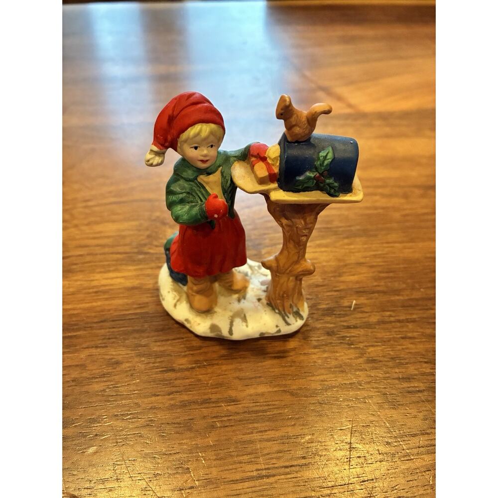 Russ Berrie An Old Fashioned Christmas Figurine Boy at Mailbox 9729 Squirrel